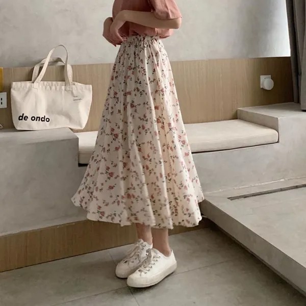 Винтажные длинные юбки с цветочным принтом А-силуэта Летние женщины 2023 Корейская юбка Уличная одежда Эластичная талия Юбка-миди