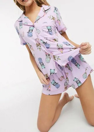 Пижама из рубашки и шортов с принтом кошек Chelsea Peers-Фиолетовый