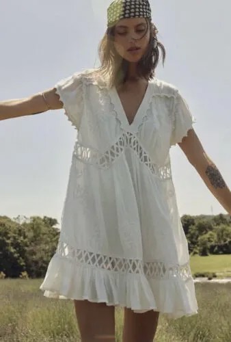 Мини-платье Free People Marissa с цветочной вышивкой и вязанными крючком вставками цвета слоновой кости M NWT