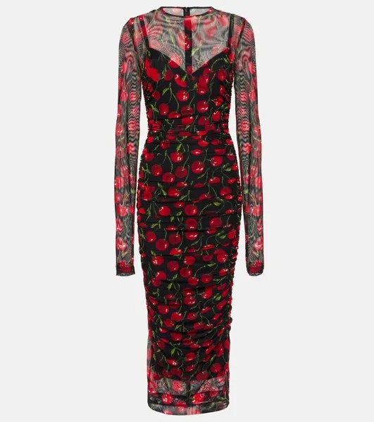 Платье миди из тюля с вишневым принтом Dolce&Gabbana, мультиколор
