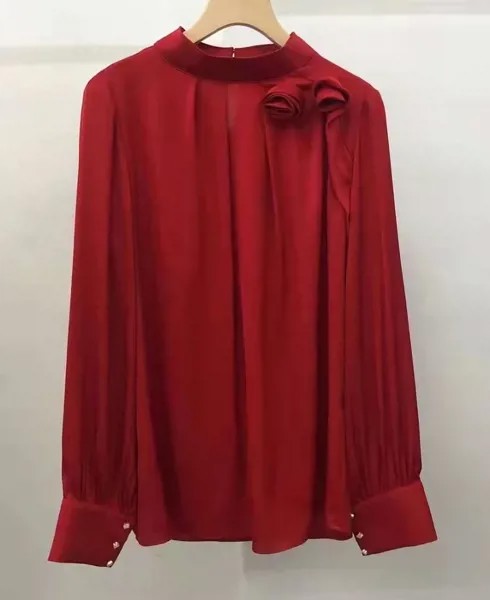 Женская шелковая блузка, элегантная рубашка с длинным рукавом и аппликацией, красного, фиолетового, абрикосового цветов, весна-лето 2023