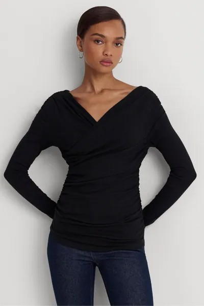 Черная блузка из хлопка стрейч с асимметричными оборками Lauren Ralph Lauren, черный