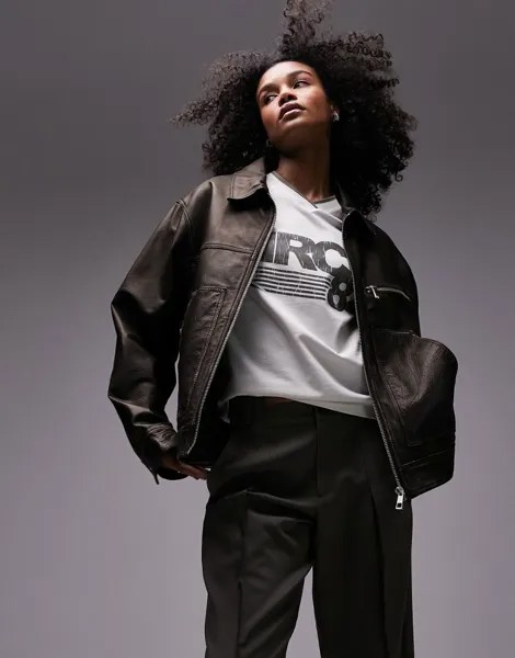 Topshop Premium – Коричневая куртка из натуральной кожи с эффектом потертости