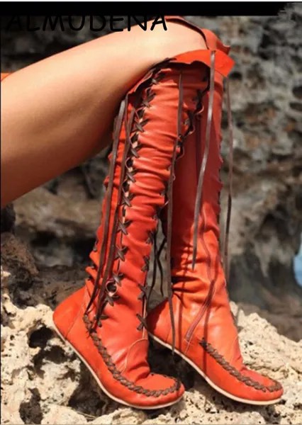 Однотонные сапоги до колена со шнуровкой и бахромой, красные, оранжевые, фиолетовые удобные повседневные туфли в римском стиле