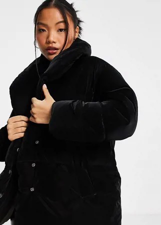 Черная дутая куртка из материала под велюр ASOS DESIGN Petite-Черный цвет