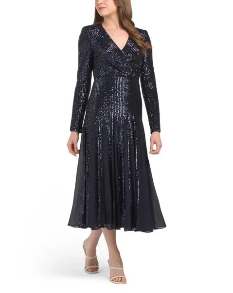 Шифоновое платье с длинными рукавами и пайетками Badgley Mischka, синий