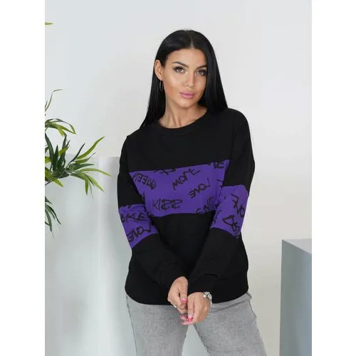 Свитшот LOVETEX.STORE, силуэт свободный, средней длины, трикотажный, без карманов, размер 48, фиолетовый, черный