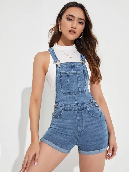 Джинсовый комбинезон SHEIN EZwear диагональная сумка нет рубашки без рукавов, светлый джинсовый цвет.