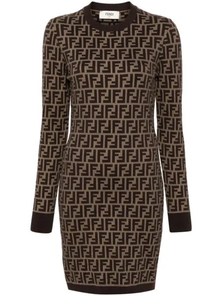 FENDI мини-платье Zucca с длинными рукавами, коричневый