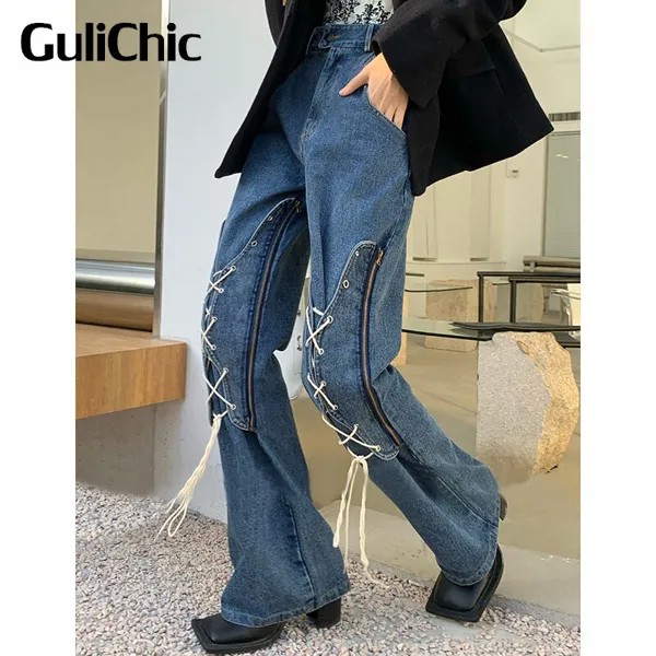 4,23 GuliChic Женские винтажные модные лоскутные джинсы-клеш на молнии со шнуровкой и высокой талией