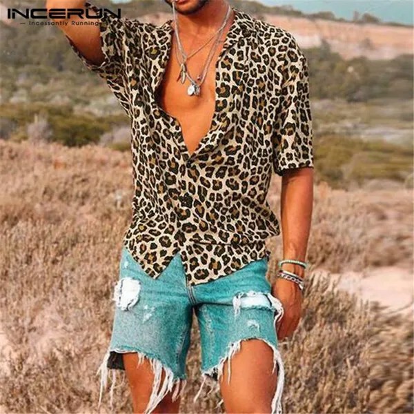 INCERUN Лето Повседневные Мужчины с коротким рукавом Уличная одежда Camisa Леопардовый принт Рубашки