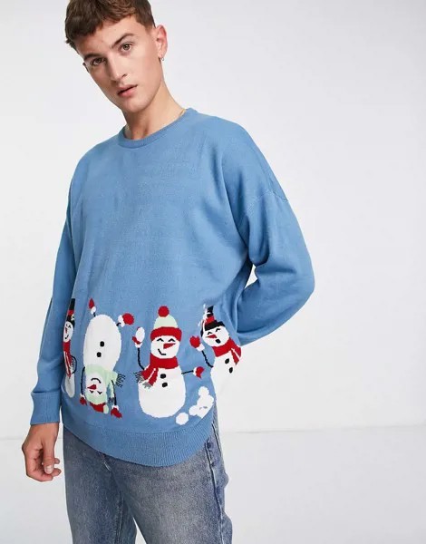 Голубой новогодний oversized-джемпер с принтом снеговиков Threadbare