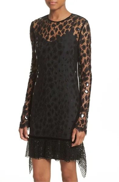 ALEXANDER WANG Черное платье с прозрачной бахромой и кружевом с леопардовым принтом, 10 л