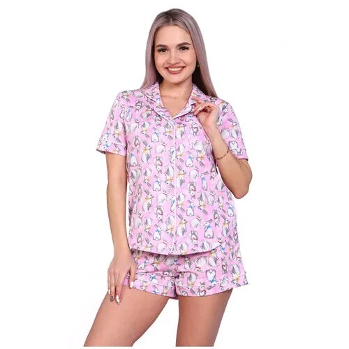 Комплект Натали, рубашка, шорты, застежка пуговицы, короткий рукав, пояс на резинке, размер 50, розовый
