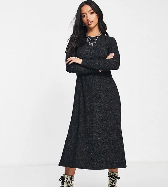 Супермягкое свободное платье миди темно-серого цвета с длинными рукавами ASOS DESIGN Petite-Серый