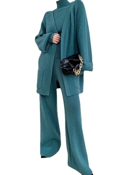 Мусульманский зимний женский трикотажный костюм из трех предметов, корейский джемпер, кардиган, брюки, свитер, костюм-абаи, осенняя водолаз...