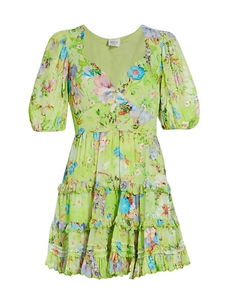 Мини-платье с пышными рукавами и цветочным принтом Hemant & Nandita, цвет leaf green