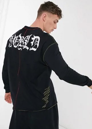 Черный лонгслив с принтом на спине Bershka