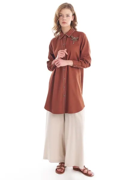 Туника с рубашечным воротником и трикотажной строчкой коричневого цвета Kayra