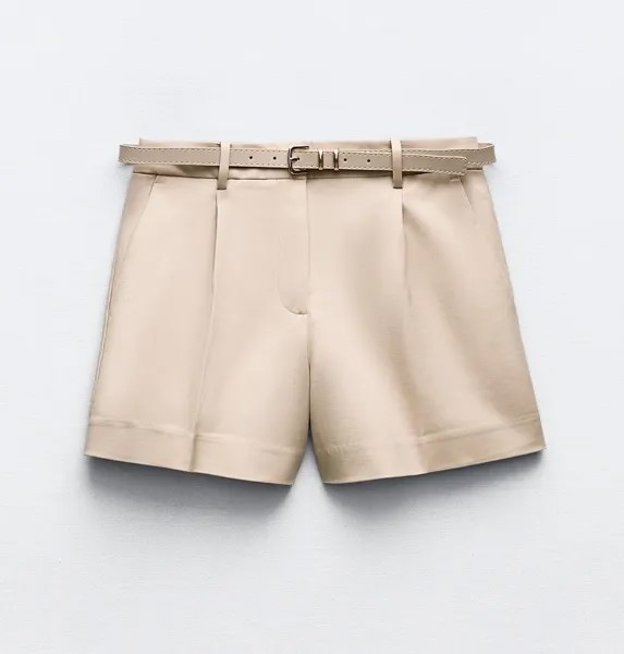 Шорты Zara Darted Bermuda With Belt, светло-бежевый