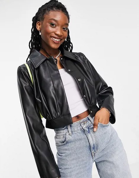 Черная короткая куртка из искусственной кожи со сборками ASOS DESIGN-Черный цвет