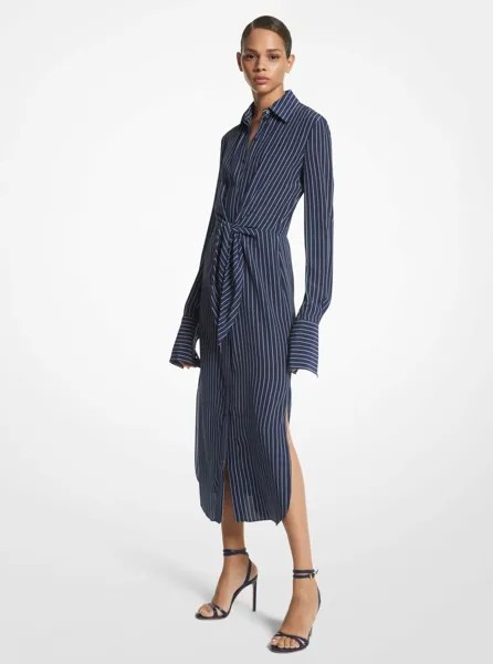 Платье-рубашка Michael Kors Striped Organic Silk Crepe De Chine Tie-Front, темно-синий/белый
