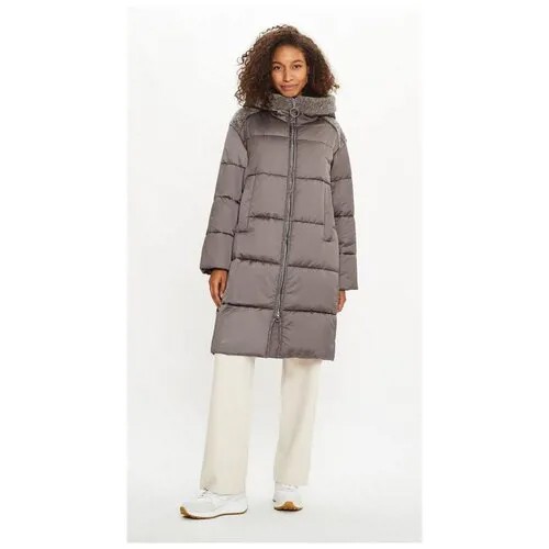 Куртка  Electrastyle, демисезон/зима, удлиненная, силуэт трапеция, ветрозащитная, водонепроницаемая, стеганая, подкладка, карманы, капюшон, отделка мехом, размер 50, серый, коричневый