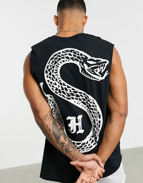 Oversized-футболка без рукавов со змеиным принтом HNR LDN-Черный
