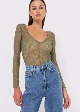 Stradivarius Боди С Кружевной Отделкой Хаки M