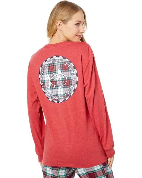 Футболка Southern Tide Long Sleeve Heather Plaid Skipjack Medallion Tee, цвет Heather Charleston Red