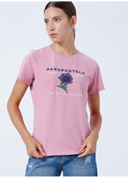 Розовая женская футболка с круглым вырезом и вышивкой Aeropostale