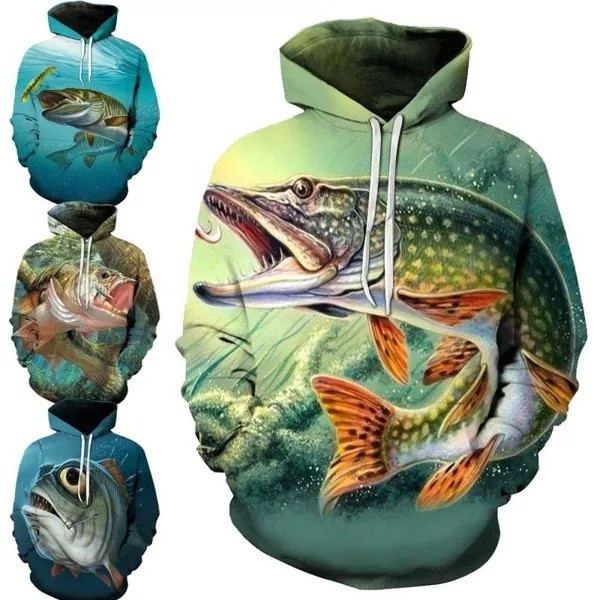 Новый 3D-рисунок рыбалки Печать Толстовки Морская рыба Мужчины / Женщины Трендовые толстовки Пуловеры Топы Свитера