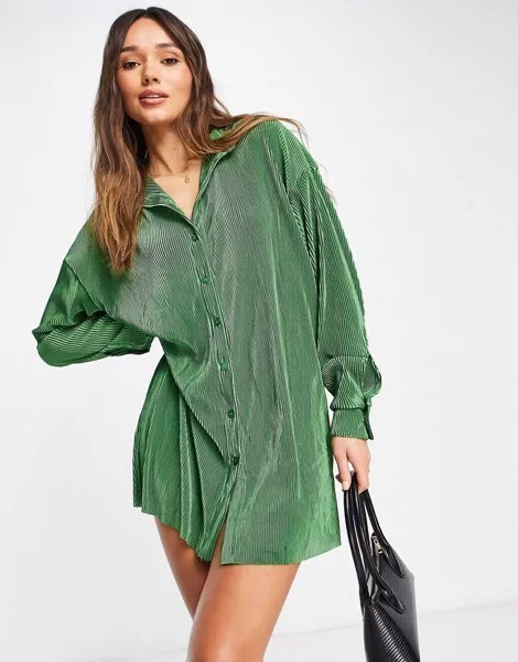 Зеленое плиссированное платье-рубашка ASOS DESIGN-Зеленый цвет