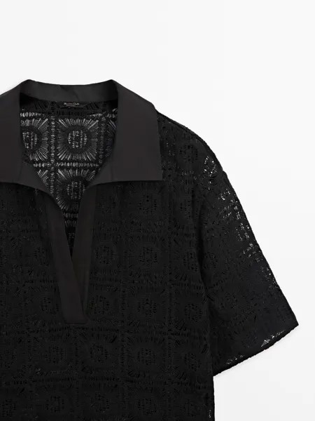 Рубашка из гипюра в рубчик с воротником-поло Massimo Dutti, black