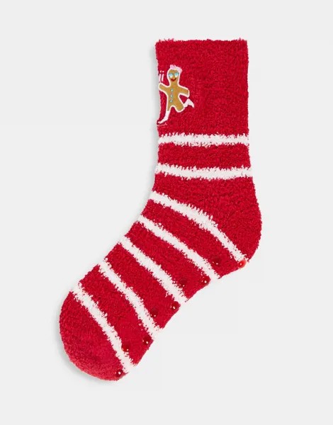Новогодние уютные носки с принтом пряничного человечка в подарочной коробке Loungeable-Красный