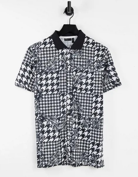 Футболка-поло со сплошным принтом в стиле барокко и узором «гусиная лапка» ASOS DESIGN-Multi