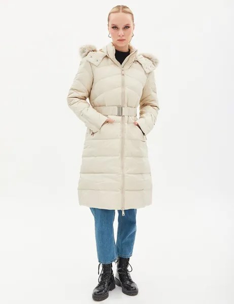 Съемное пальто на гусином пуху с капюшоном кремового цвета Kayra