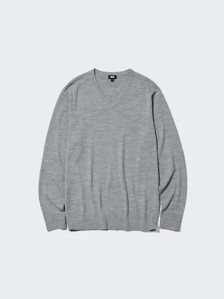 Джемпер из мериноса с v образным вырезом Uniqlo, серый