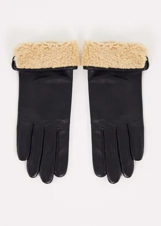 Кожаные перчатки для сенсорных экранов с отворотами из искусственного меха ASOS DESIGN-Черный цвет