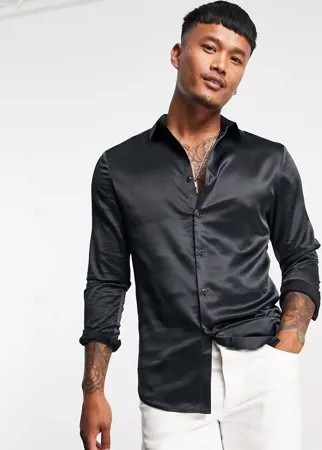 Атласная зауженная рубашка черного цвета ASOS DESIGN-Черный цвет