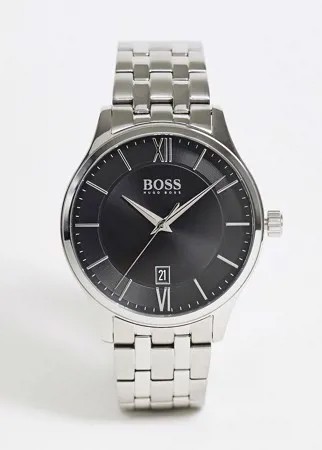 Мужские серебристые часы-браслет с черным циферблатом Boss-Серебряный
