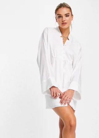 Атласное платье-рубашка свободного кроя с оборками спереди ASOS DESIGN-Белый
