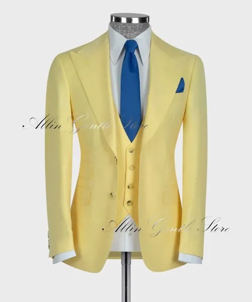 Светильник-желтые мужские костюмы, комплект из 3 предметов, индивидуальный пошив, свадебные смокинги, платье для шафера, Официальный Мужско...