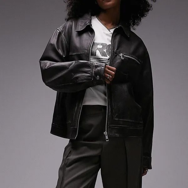 Куртка Topshop Washed Real Leather, коричневый