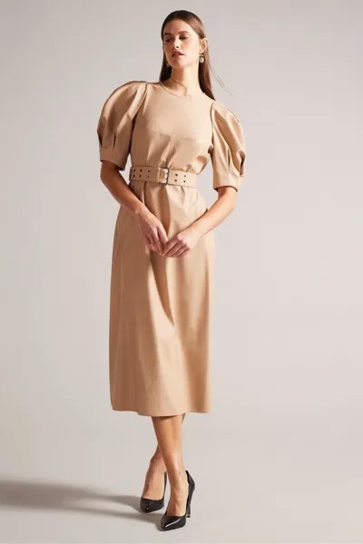 Платье миди с пышными рукавами и поясом Ted Baker, коричневый