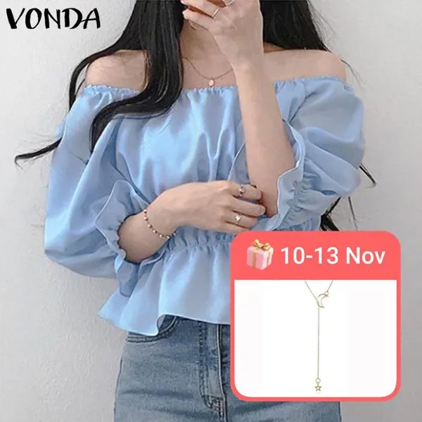 VONDA Летняя женская мода Off Плечо Сексуальная Туника Урожай Топы 3/4 Рукав Ruffled корейский стиль Твердый цвет Случайные Loose Блузка Плюс Размер Top