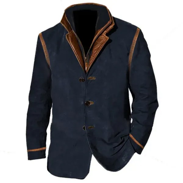 Мужской винтажный пиджак-карго двухслойный на молнии с воротником-поло средней длины с нашивкой на локте тактические пальто
