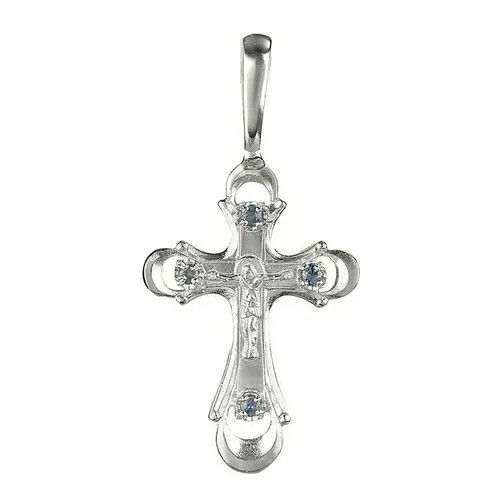 Крестик CORDE, серебро, 925 проба, родирование, сапфир, размер 3.3 см., серебристый