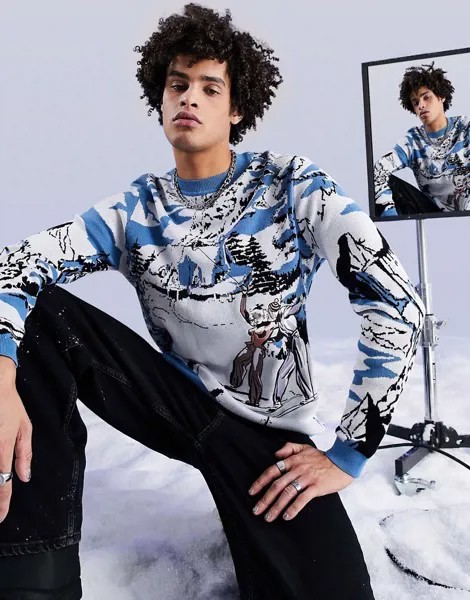Вязаный джемпер с жаккардовым узором и вышивкой в лыжном стиле ASOS DESIGN-Голубой