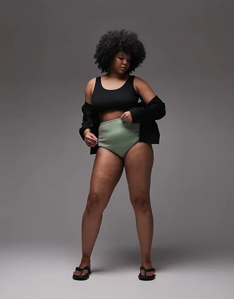 Плавки бикини цвета хаки в рубчик с высокой талией Topshop Curve